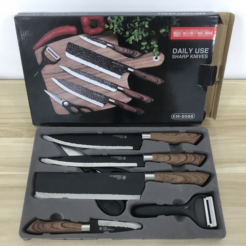 Una gran cantidad de piezas de punto de fábrica de seis piezas forjadas con cuchillo de martillo, cuchillo de cocina de acero inoxidable, cuchillo de chef, caja de color de regalo, juego de cuchillos