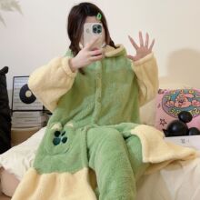 秋冬季睡袍珊瑚绒中长款睡衣嘟嘟猫法兰绒家居服套装情侣家居服