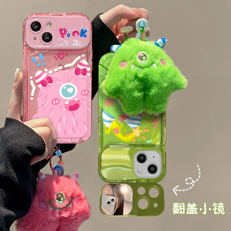 Apple, совместимый iPhone 15, чехол для телефона, плюшевый монстр, подвеска, складное зеркало, 15promax, iphone, 13, 12