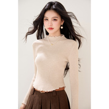 2025秋冬新款韩系半高领木耳边长袖针织打底衫女长袖短款修身毛衣