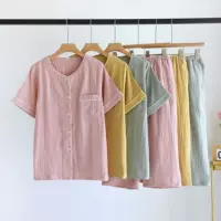 Летняя новая цветная тканая маленькая сетка с короткими рукавами, укороченные брюки для пары двойной хлопчатобумажной пряжи, домашняя одежда с короткими рукавами, мужская женская пижама