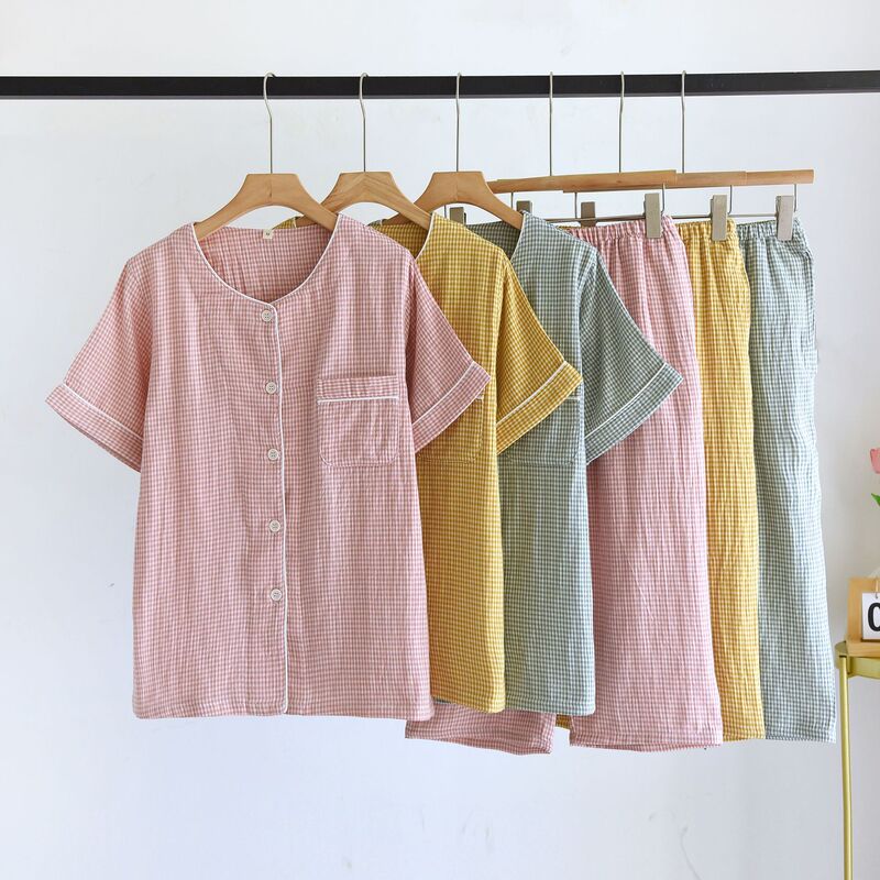 Summer New Yarn-dyed Small Short-sleeved Capri Pants Couple's Double-layer Cotton Yarn Home Clothes Short-sleeved Men's and Women's Pajamas