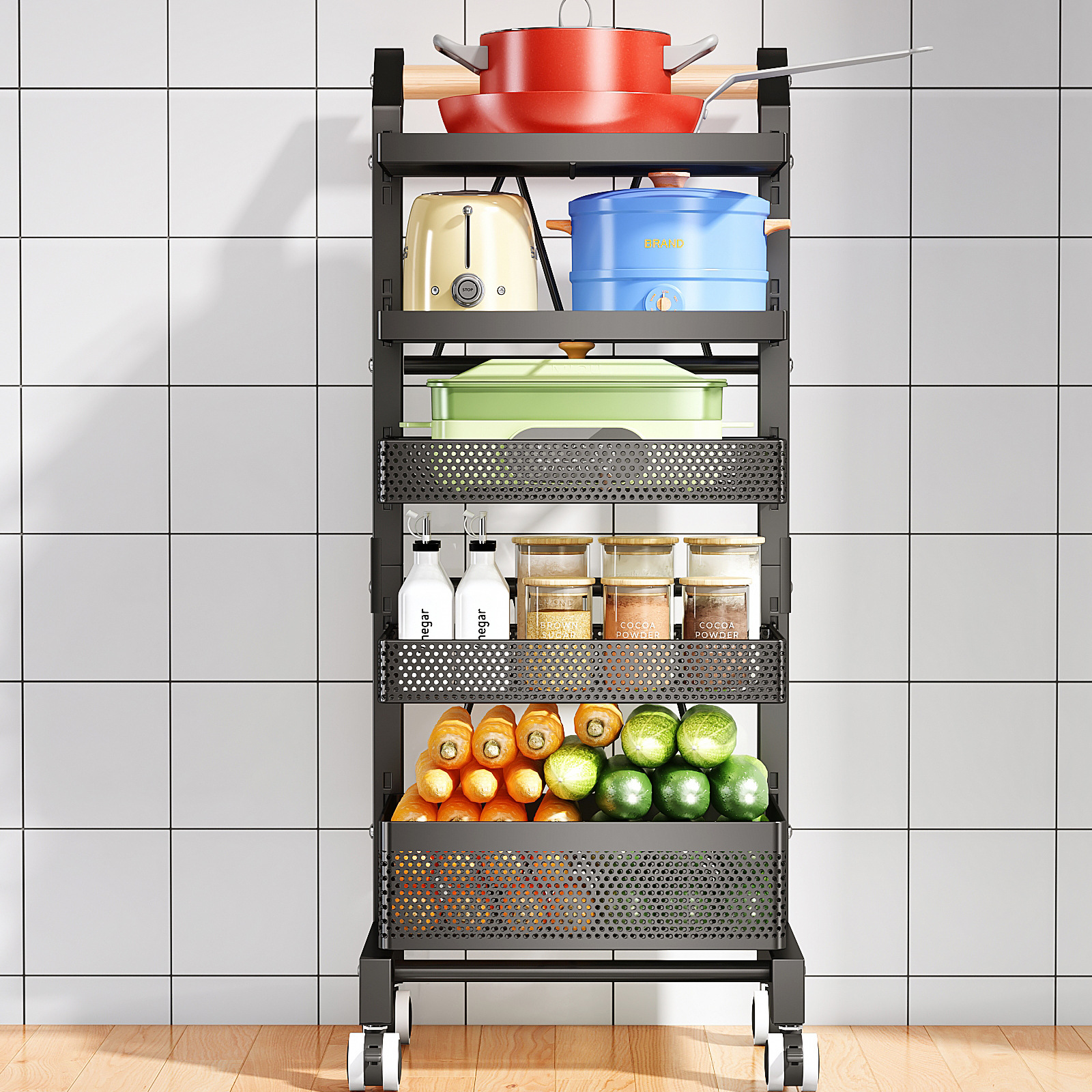 Cocina estante de almacenamiento móvil carro desmontable botella de condimento fruta y verdura artículos diversos rack de almacenamiento cesta de almacenamiento de piso multifuncional