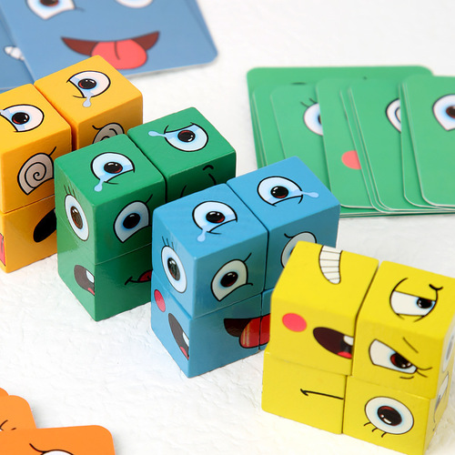 Cross-border iron box expression face changing Rubik's cube building blocks 02 young children battle parent-child interactive board game wooden educational toys