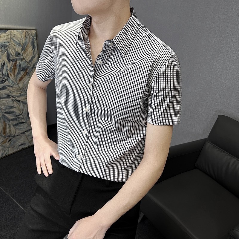 男士衬衫长袖春秋季2025新款高级感男装商务休闲修身格子男款衬衣|undefined