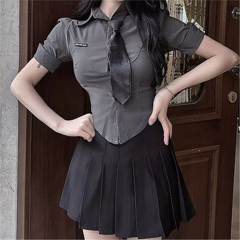 Fashion suit Pure Desire Women's Summer New Spice Girls Tight Waist Short Sleeve Shirt Top High Waist Pleated Skirt Fashion suit Pure Desire Women's Summer New Spice Girls Tight Waist Short Sleeve Shirt Top High Waist Pleated Skirt
