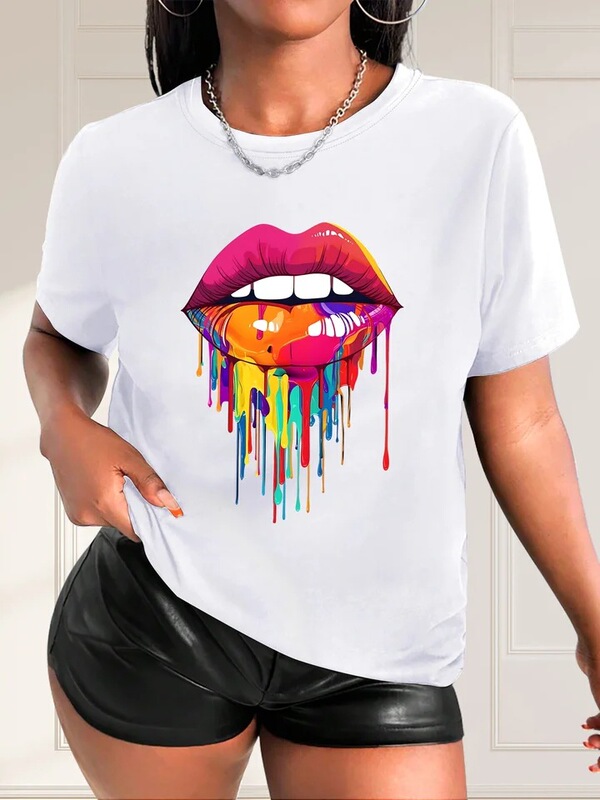 Colorful Lip Print T-Shirt Crew Neck Short Sleeve Casual Sports Top Women's Clothing Bright Colors Urban Style Printed T-Shirt Colorful Lip Print T-Shirt Crew Neck Short Sleeve Casual Sports Top Women's Clothing Bright Colors Urban Style Printed T-Shirt