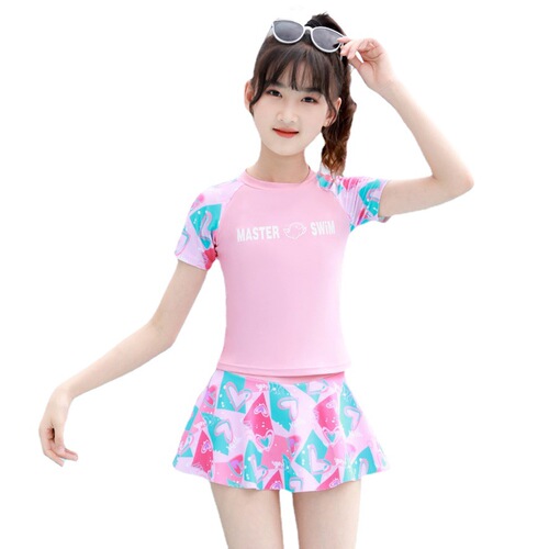 Children's swimsuit girls short-sleeved  new one-piece professional swimsuit little girl medium and large children's swimsuit female summer