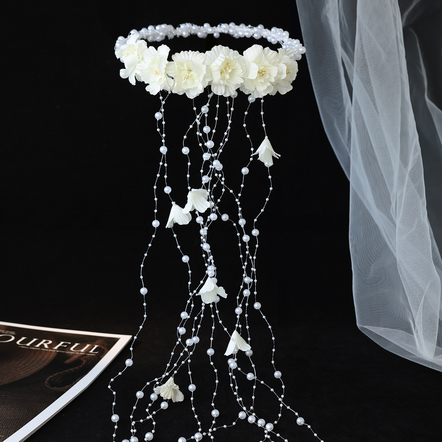European and American Style Floral Wreath Wedding Hair Accessories, Tassel Headband, Cross-Border Handmade Faux Pearl Wedding Dress Accessories