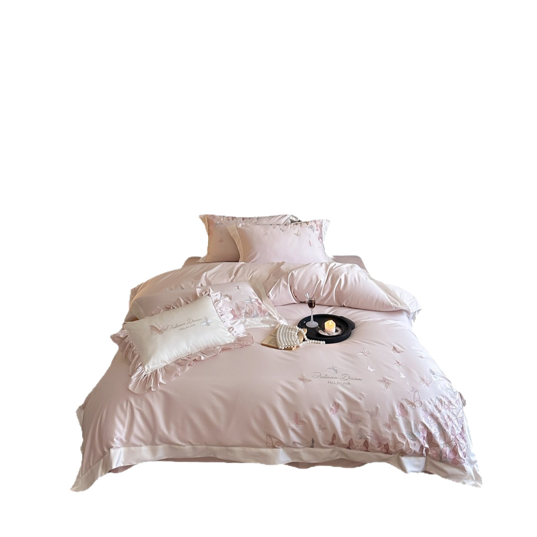 Girly Fresh Style 100% Embroidered Bedding Set, High-End Pure Cotton Long-Staple Cotton Four-Piece Home Textile Set, Butterfly Dance and Flower Language