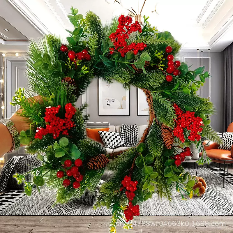 跨境圣诞花环装饰 圣诞节仿真绿植藤条门挂 商场客厅圣诞门前花环