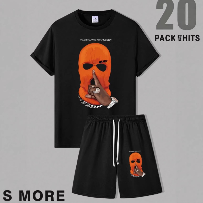 Summer Men's Orange-Printed Balaclava Short-Sleeve Set, Black T-Shirt and Shorts Two-Piece Street Fashion