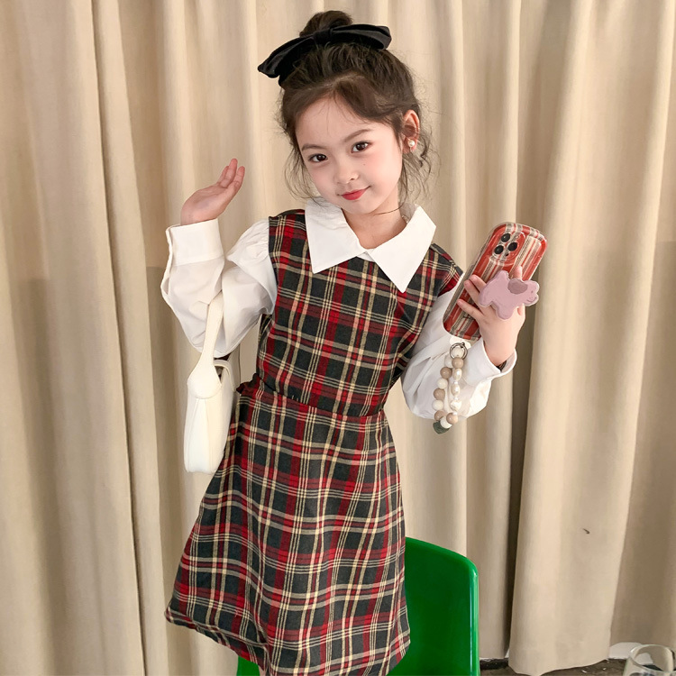 Vestido DE LOS NIÑOS 2024 primavera nuevas niñas vestido de camisa a cuadros sin espalda Medio y grandes niños niñas estilo universitario vestido falda