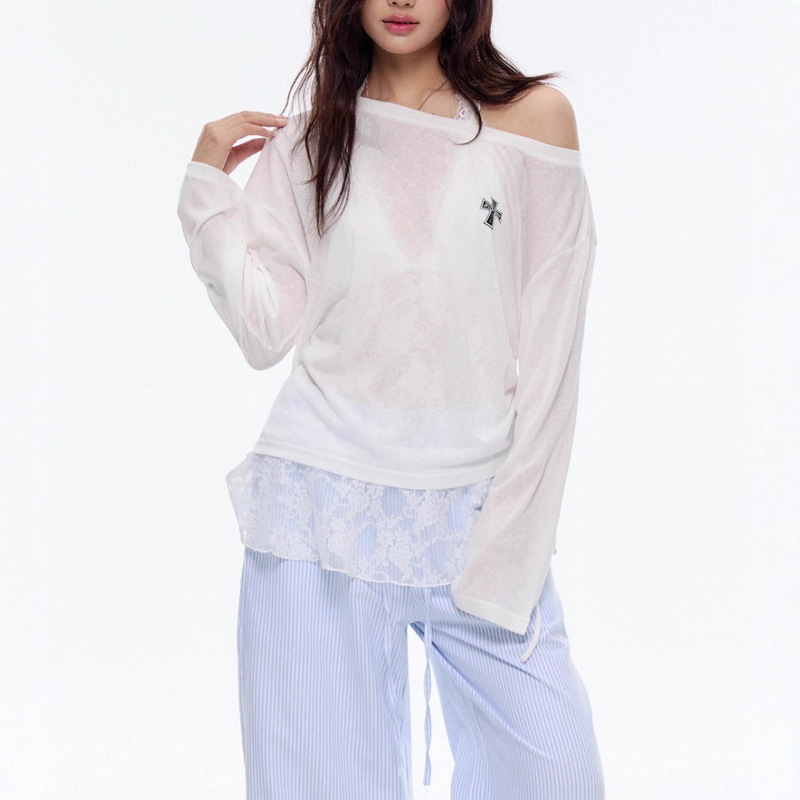 Archivum Lyocell Tencel Off-Shoulder Cross Logo Slimming Sun Protection Long Sleeve Top for Women