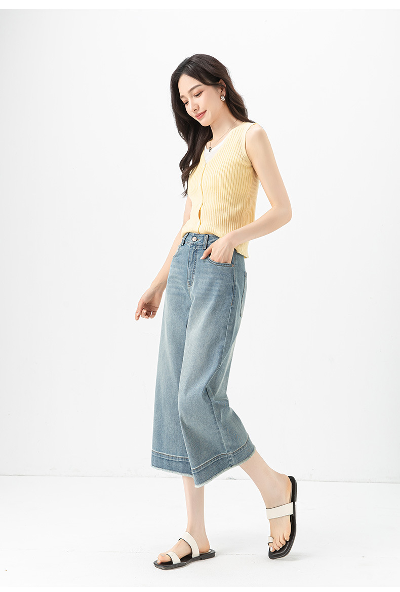 Quần jean nữ ống rộng cạp cao, chất liệu cotton pha linen mỏng nhẹ, dáng suông rủ, gấu tua rua — xanh lam chi tiết 9