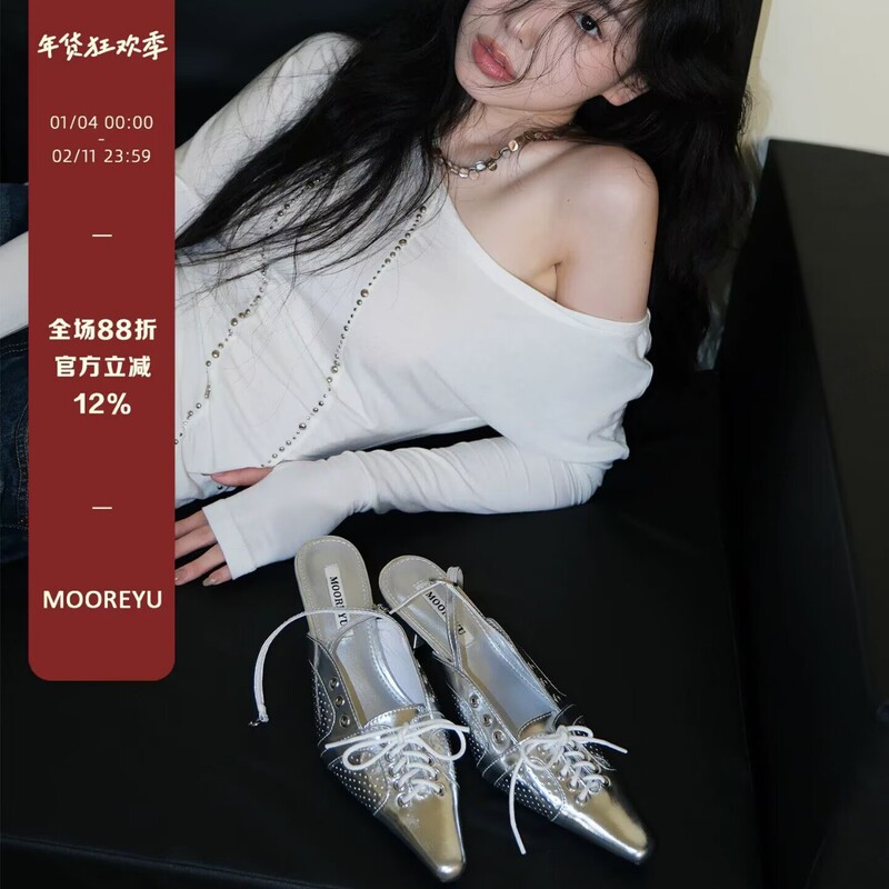Mooreyu Silver Pointed-Toe Women's Genuine Leather Bow-Knot Closed-Toe Sexy Kitten Heel Stylish Lace-Up High Heels