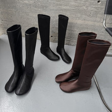 手工靴子~4cm内增高弹力瘦瘦长靴女2025秋冬季新款圆头高筒靴小众