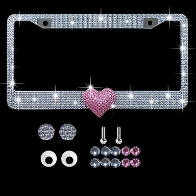 Cross-Border Diamond-Encrusted American Standard Heart-Shaped License License plate holder/license plate holder - white-plus-powder