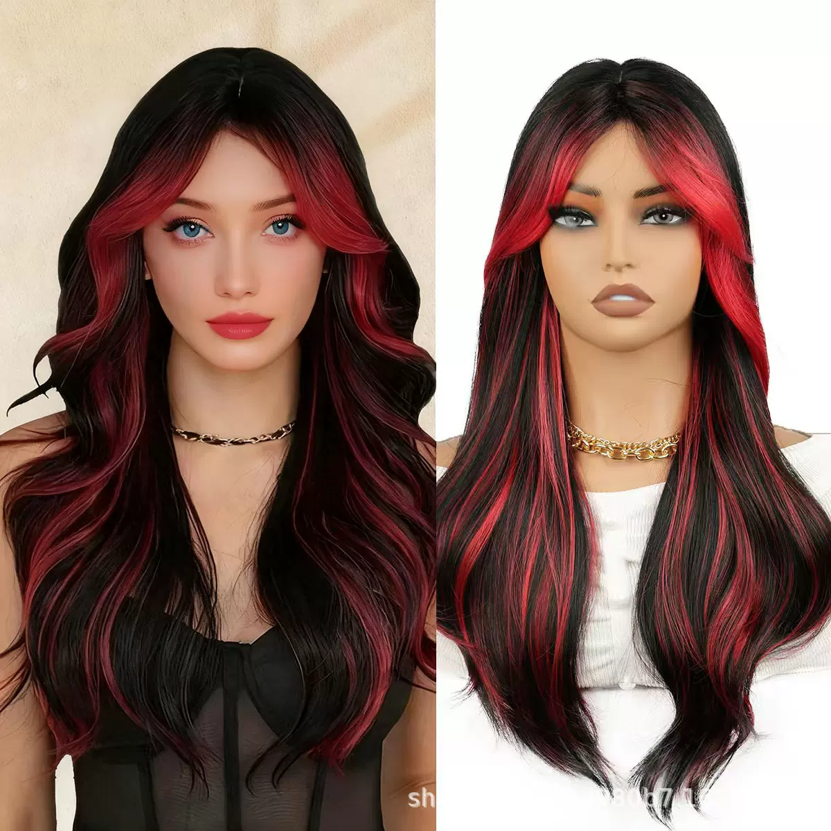 现货跨境假发女欧美热销红色挑染渐变时尚大波浪长卷发高温丝头套