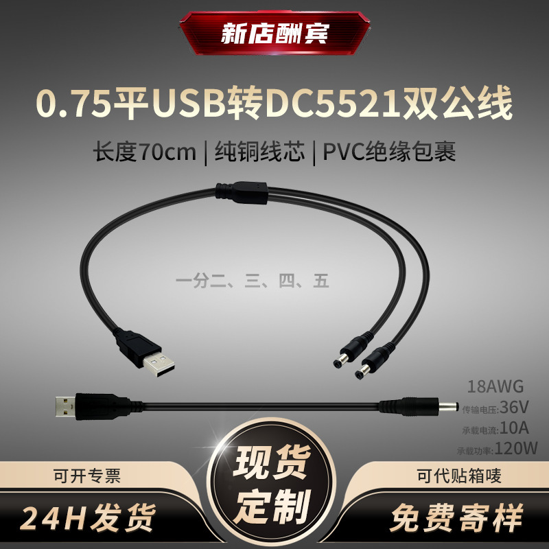 USB to Dc5521 Dual Male Extension Cable, One-To-Multiple Splitter Cable, Outdoor Power Supply, Security Monitoring Dc Power Cable