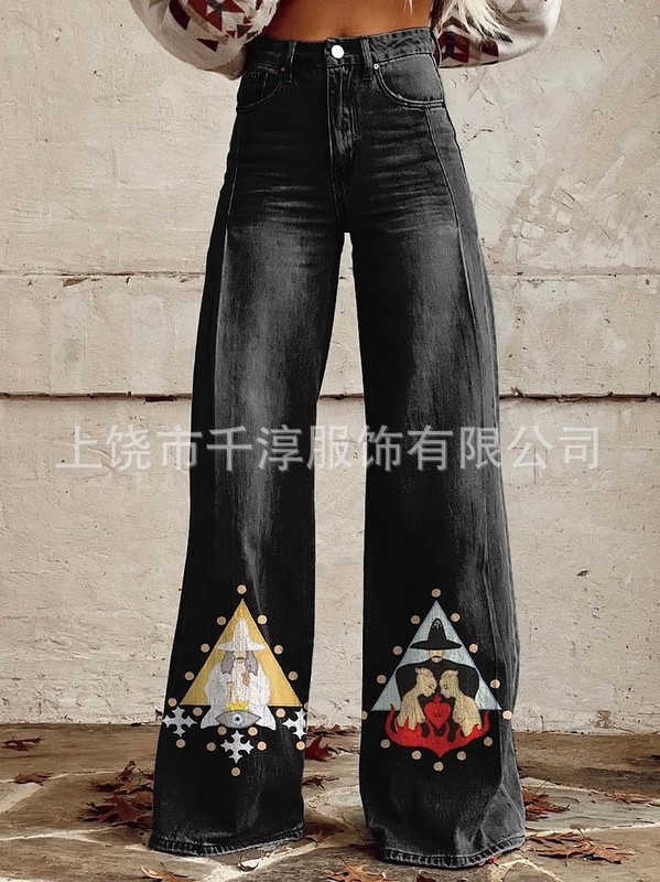 跨境欧美独立站爆款数码印花假牛仔女士阔腿裤 女士喇叭修身长裤|undefined