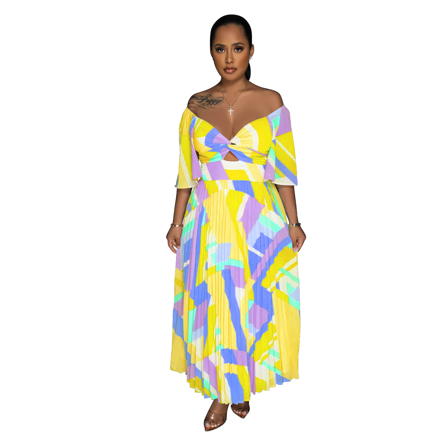 C6879 Cross-border AliExpress Amazon Vestido de falda larga plisada sin espalda con estampado sexy para mujer de moda europea y americana