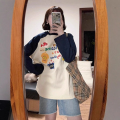 撞色插肩袖宽松长袖T恤女早秋内搭打底美式复古oversize纯棉上衣