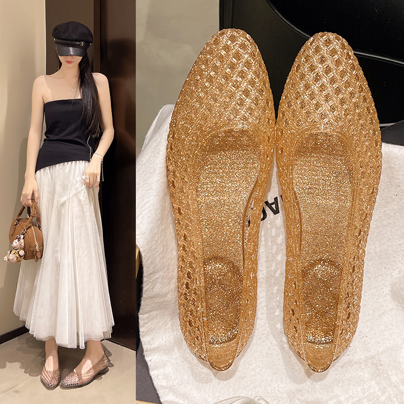 Pointed-Toe Crystal Shoes for Women, New Fashion Summer Hollow-Out Flat Shallow Sandals, Slip-On Jelly Shoes