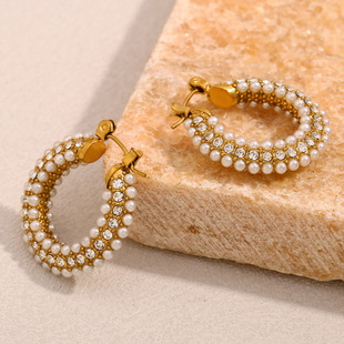 European and American Ins Fashion Simple Accessible Luxury Earrings Jewelry Stainless Steel Plated 18K Ring-Shaped Zircon Pearl Earrings for Women