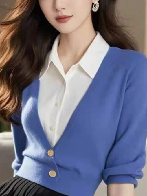 蓝色假两件针织上衣女高级设计感小众气质高端小香风内搭毛衣秋冬|undefined