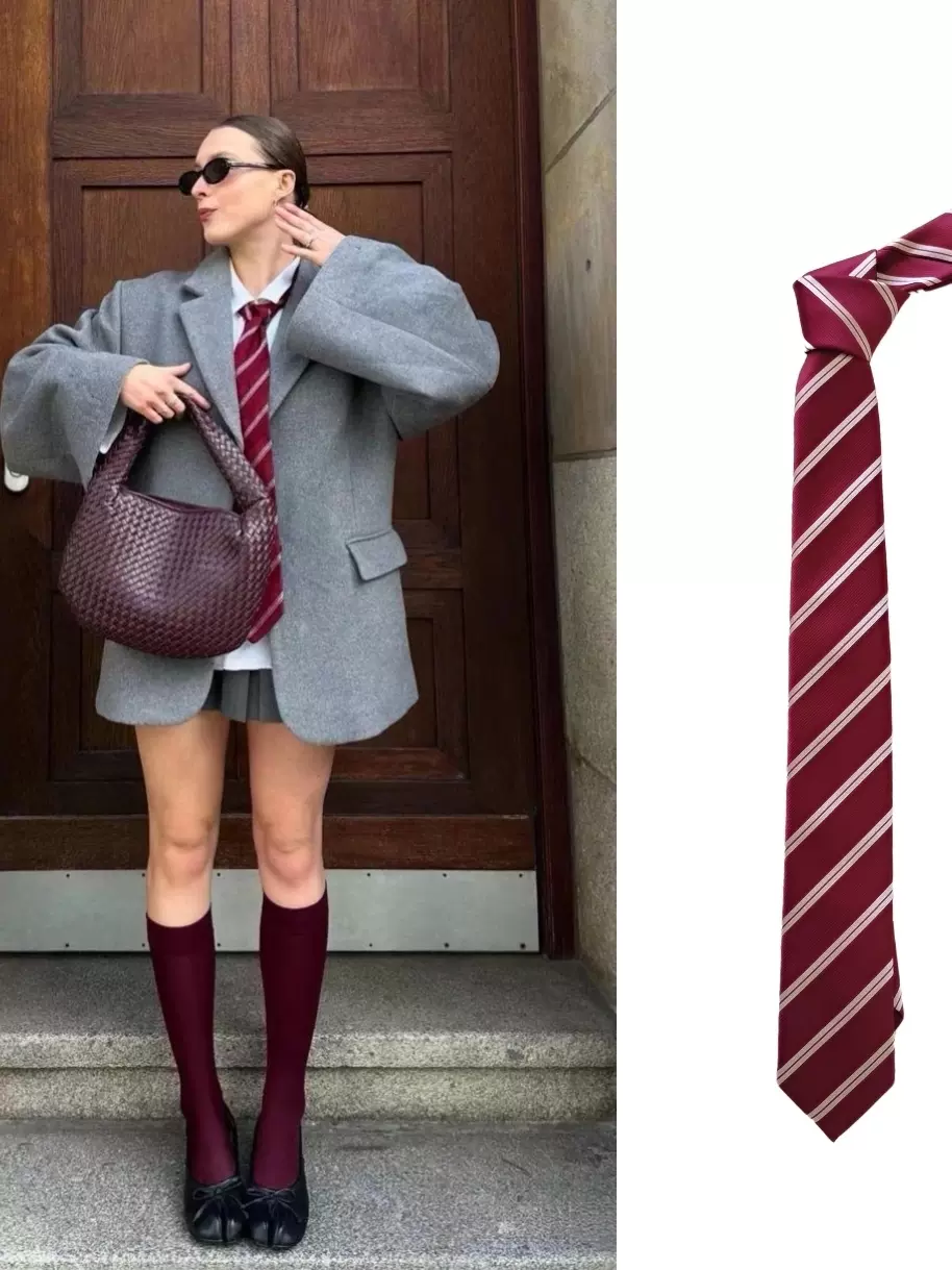 美式红色条纹辣妹领带领巾复古手打中古vintage女款配饰女老钱风