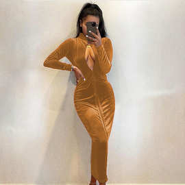 wish欧美女装春季新款时尚气质晚宴礼服裙修身性感镂空长裙连衣裙