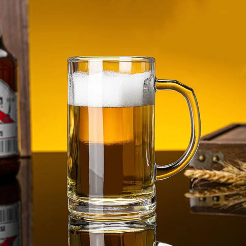 Glass beer mug large thickened with handle transparent heat-resistant lidless tea house ktv bar gift printed logo