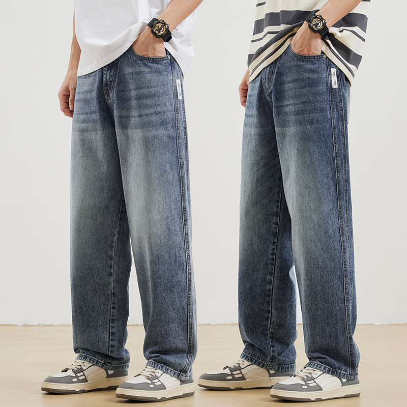 Wide-Leg Jeans Men's American Casual Pants 2025 New Loose Straight Long Pants Indigo Blue Faded Blue