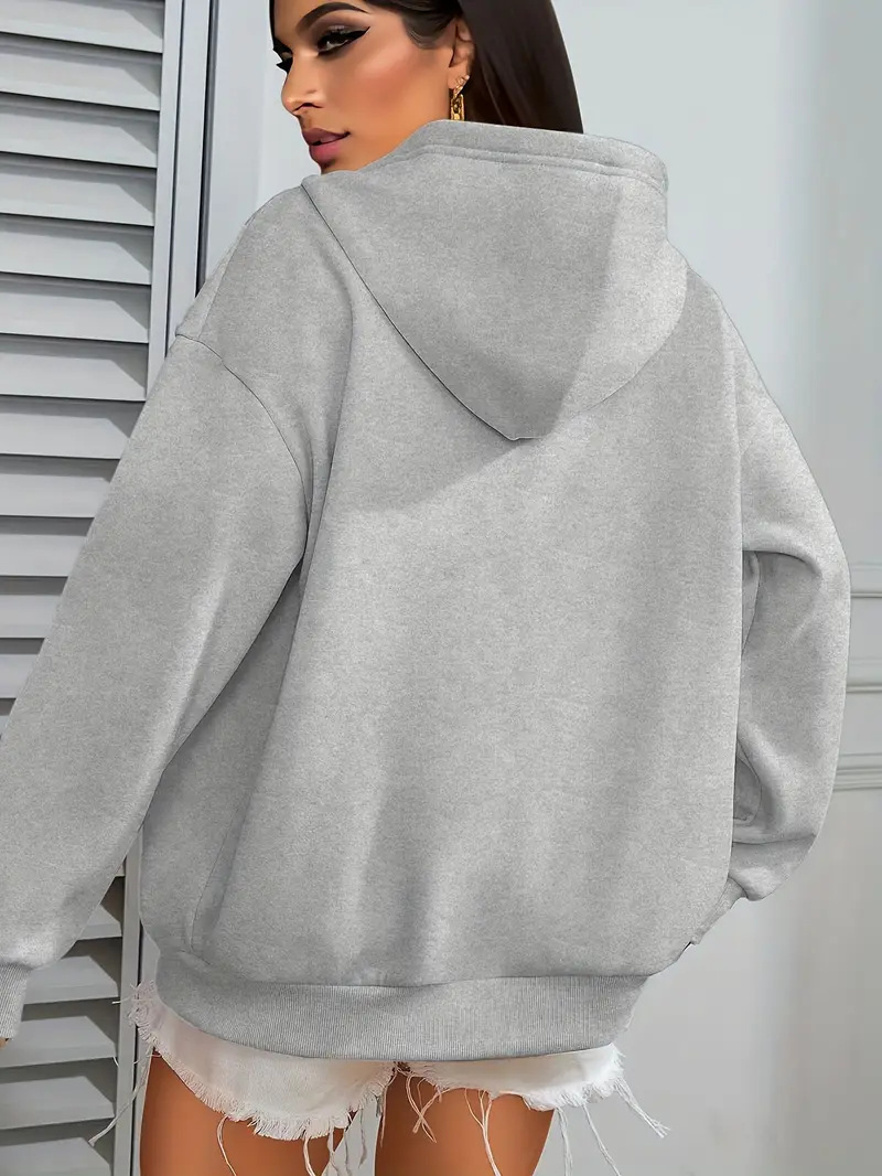 Women's Smiley Face Print Hooded Jacket Long Sleeve Fleece Lined Zip Up Street Style Loose Top_ecoleips.com