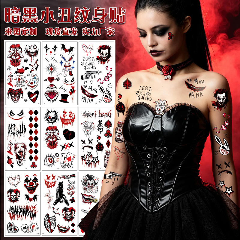 Cross-Border New Style Clown Joker Harley Quinn Tattoo Stickers Dark Grimace Ha Big Mouth Halloween Stickers Custom-Made