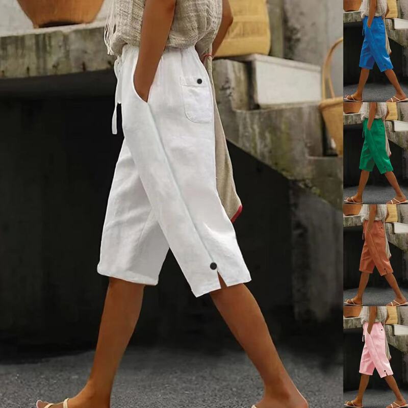 Europe and the United States cross-border spring and autumn new women's pants cotton and linen solid color fashion casual daily side bag drawstring elastic cropped pants