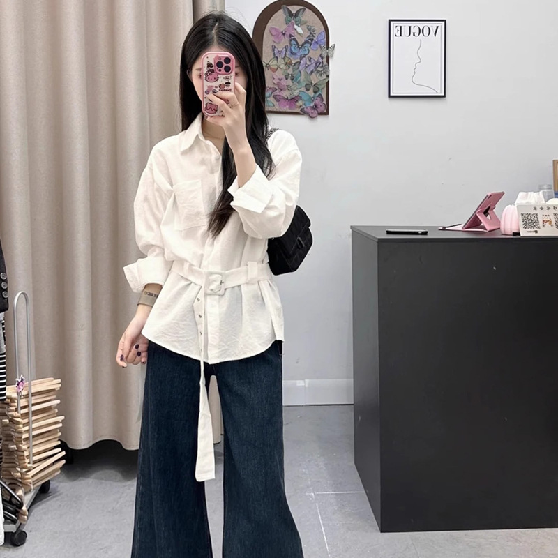 秋季韩系Polo领收腰显瘦长袖白色衬衫女款衬衣设计感配腰带上衣|undefined