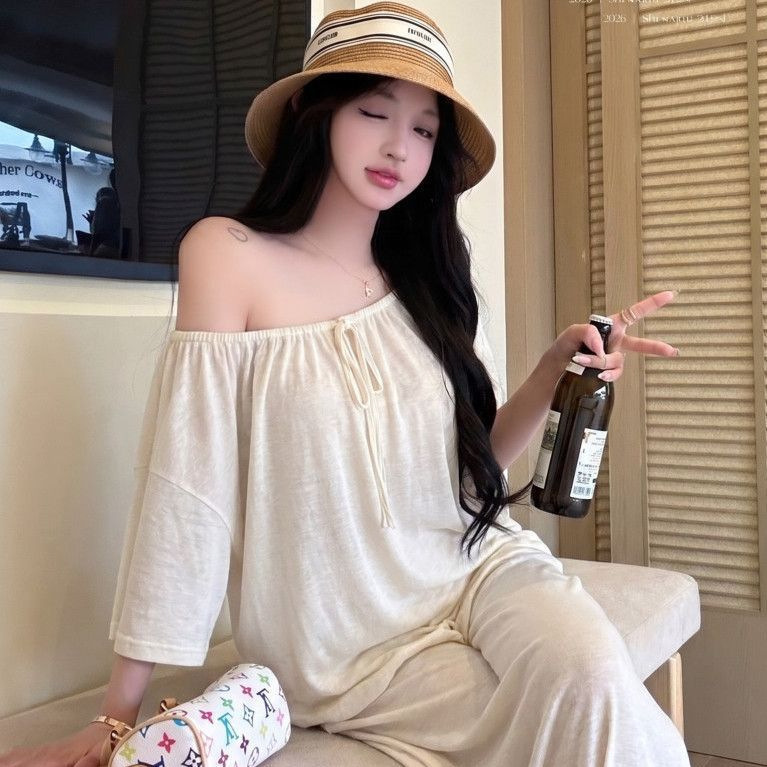 Summer New Style Pure Desire Style One-Shoulder Lace-Up Hollow-Out Sleeve T-Shirt for Women with Off-Shoulder Design, Loose and Slimming Top