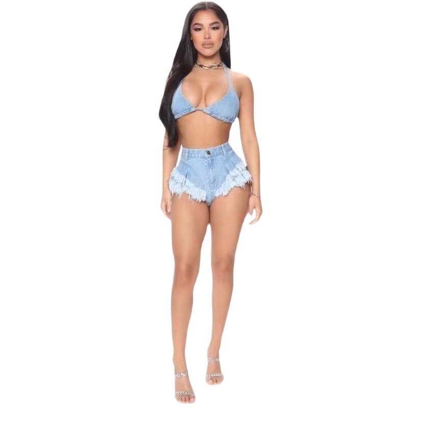 Ultra corto triángulo Denim Halter deshilachado cadera caliente pantalones sexy nightclub bikini Correa shorts moda tienda traje mujeres