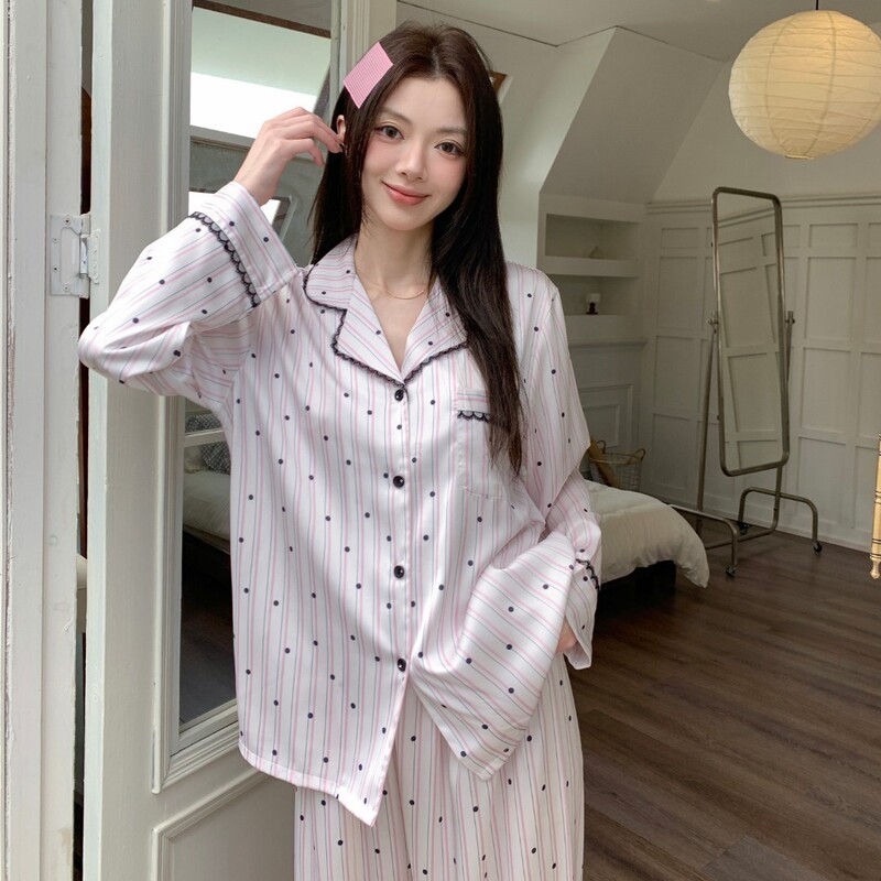 06 New Cross-Border Women's Ice Silk Pajamas for Summer, Long-Sleeved and Long-Pant, Loose and Sweet with Full Heart Print, Home Wear Set