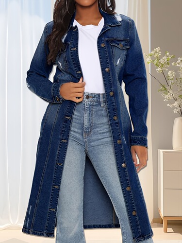 Women's Faux Denim Trench Coat Retro Medium Long Coat