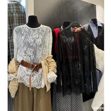 蕾丝打底衫小衫女2024秋季时尚性感透视网纱显瘦上衣