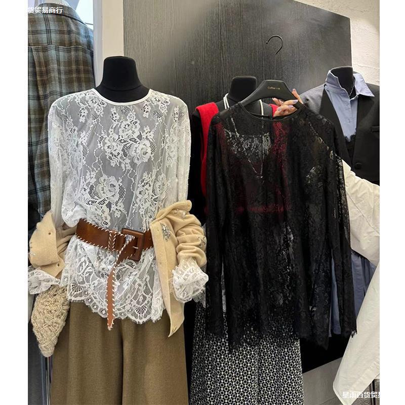 Lace Bottoming Shirt Women's 2024 Autumn Fashion Sexy See-Through Mesh Slimming Top Lace Bottoming Shirt Women's 2024 Autumn Fashion Sexy See-Through Mesh Slimming Top