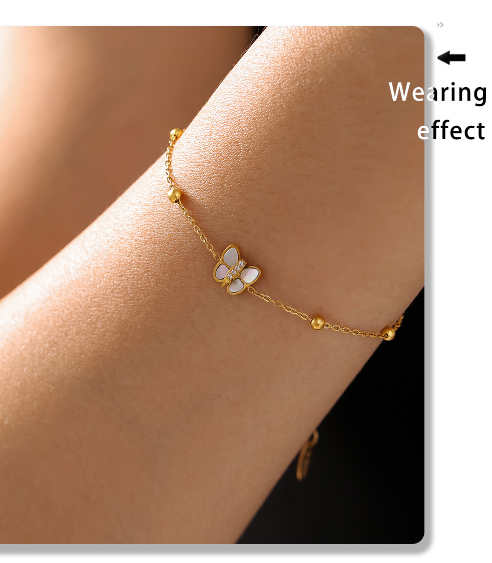 Natural Real Shell Butterfly Diamond 3A Zircon Small Bead Bracelet Titanium Steel Non Fading Bracelet_voghion.com