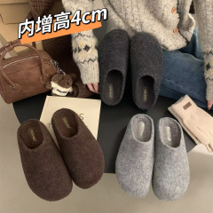 内增高4cm灰色毛呢复古勃肯鞋女厚底小土豆加绒保暖包头毛毛拖鞋