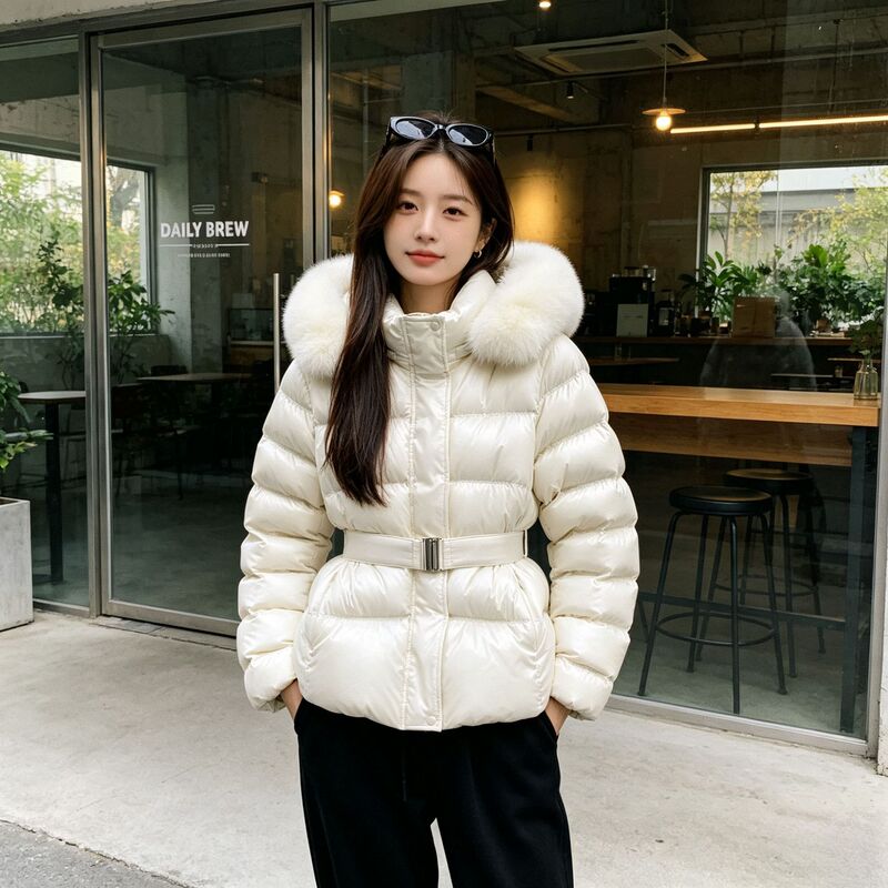 Korean chic winter vintage style women's hooded cotton coat with detachable large fur collar, tie-waist, and warm features Korean chic winter vintage style women's hooded cotton coat with detachable large fur collar, tie-waist, and warm features