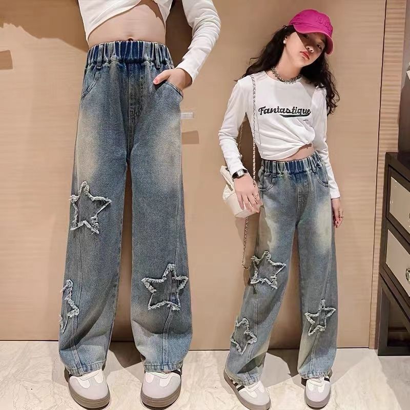 女童裤子春秋款2025新款秋装中大童时尚洋气五角星直筒儿童牛仔裤