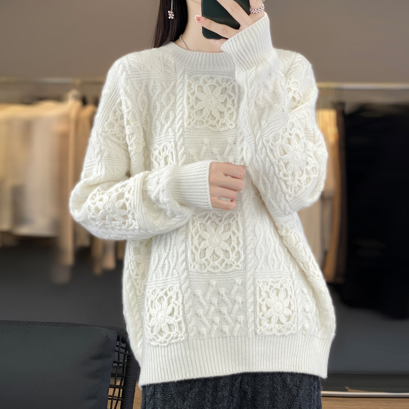 Mernu 100 pure wool women's round neck knitted super nice milk fufu sweater heavy work thickened lazy loose