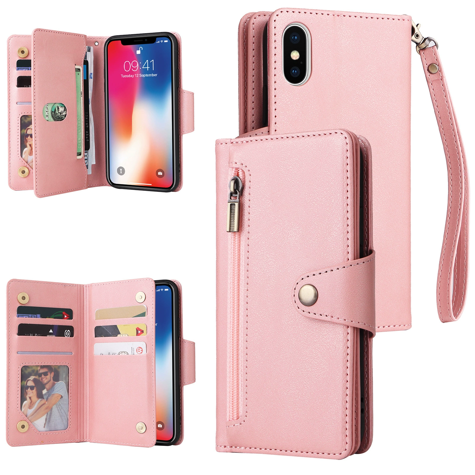 Подходит для iPhone X, кожаный чехол-книжка с заклёпкой, молнией и отделением для карт, для iPhone Xs Max